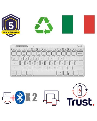 TASTIERA WIRELESS RICARICABILE MULTICONNECT 2 BT + 1 WL 2,4GHZ - PLASTICA RICICLATA 52% - LAYOUT ITALIANO - TRUST LYRA - BIANCA