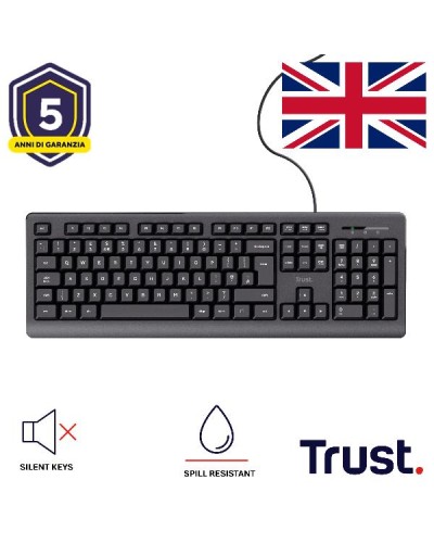 TASTIERA CABLATA 180CM RESISTENTE AGLI SVERSAMENTI - TASTI SILENZIOSI - LAYOUT INGLESE/UK - TRUST PRIMO - NERO