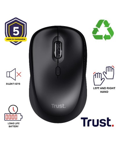 MOUSE WIRELESS SILENZIOSO - 1600DPI - PLASTICA RICICLATA 82% - DURATA BATTERIA 12 MESI - TRUST YVI+ - NERO GLOSS