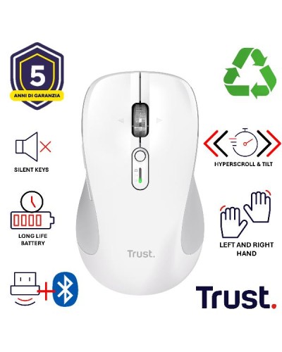MOUSE WIRELESS MULTICONNECT 2x BT + WL 2,4GHZ CON ROTELLA HYPERSCROLL + SCROLL ORIZZONTALE - PLASTICA RICICLATA 65% - DURATA BA