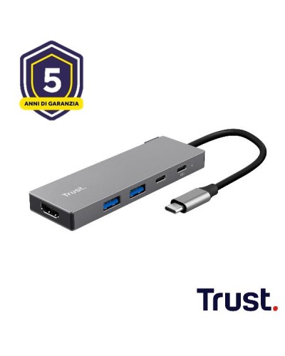 ADATTATORE DOCKING STATION MULTIPORT 5 IN 1, 1 HDMI 4K(60HZ),  1 USB-C PD, 1 USB-C, 2 USB-A 3.2 - TRUST DALYX 5-IN-1 - ALLUMINI