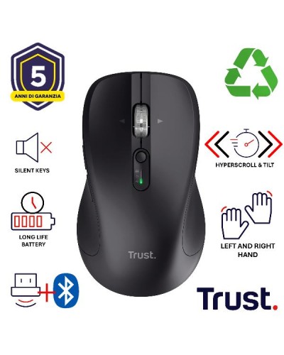 MOUSE WIRELESS MULTICONNECT 2x BT + WL 2,4GHZ CON ROTELLA HYPERSCROLL + SCROLL ORIZZONTALE - PLASTICA RICICLATA 85% - DURATA BA