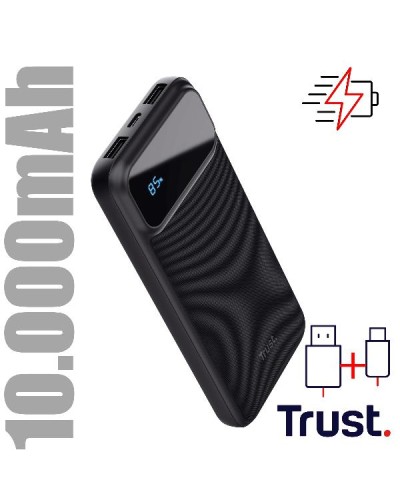 POWER BANK 10.000MAH CARICA VELOCE - 2 USB-A 18W QC 3.0 AUTO DETECT + 1 USB-C 20W PD 3.0 + PPS - TRUST AVALA POWERBANK - NERO