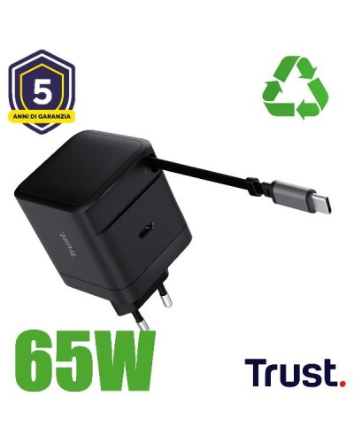 ALIMENTATORE/CARICABATTERIA 65W 1 PORTE USB-C + CAVO RETRATTILE USB-C - PLASTICA RICICLATA 50% - TRUST MAXO - NERO