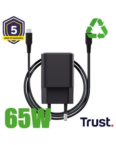 ALIMENTATORE/CARICABATTERIA 65W ULRTACOMPATTO USB-C GAN - CAVO RICARICA INCLUSO - PLASTICA RICICLATA 100% - TRUST MAXO - NERO