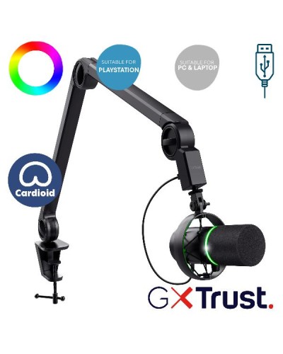 MICROFONO GAMING CABLATO USB 1,8M PROFESSIONALE ILLUMINATO CON BRACCIO, INGRESSO JACK 3,5MM PER STUDIO DI REGISTRAZIONE - TRUST