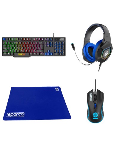 SPARCO -  Kit Gaming 4in1, include tastiera full size a filo con layout USA, Cuffia stereo a filo con luci LED Rainbow, Mouse a