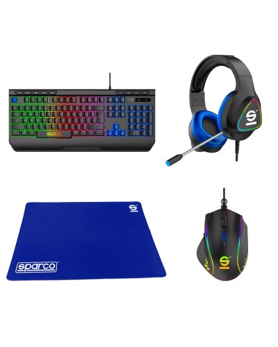 SPARCO - Kit Gaming 4in1, include tastiera full size a filo con layout USA, Cuffia stereo a filo con luci LED Rainbow, Mouse a 