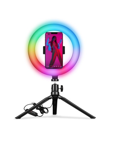 PYTRIPOD - Kit treppiede da tavolo + anello luminoso con luci LED RGB, 3 livelli intensità luce, telecomando, braccio flessibi