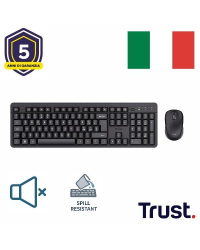 KIT DESK SET TASTIERA E MOUSE WIRELESS SILENZIOSI RESISTENTE AGLI SVERSAMENTI - LAYOUT ITALIANO - TRUST B2B TK-360 NERO