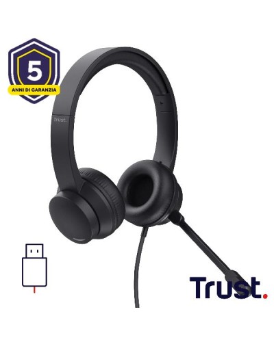 CUFFIE ON-EAR CABLATE 1,8M USB CON MICROFONO FLIP TO MUTE - TRUST AYDA USB - NERO