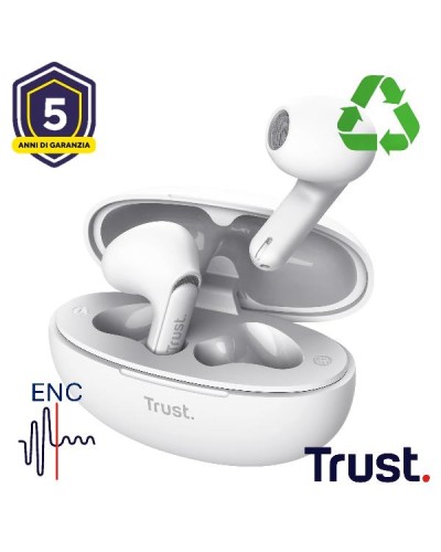 AURICOLARI BLUETOOTH EARPHONES CON RIDUZIONE DEL RUMORE ENC - PLASTICA RICICLATA 35% - TRUST YAVI BIANCO