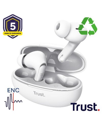 AURICOLARI BLUETOOTH EARBUDS CON RIDUZIONE DEL RUMORE ENC - PLASTICA RICICLATA 35% - TRUST YAVI BIANCO