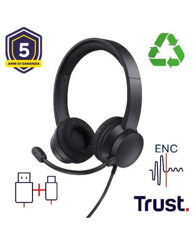 CUFFIE ON-EAR CABLATE 1,8M USB CON MICROFONO FLIP TO MUTE E RIDUZIONE RUMORE ENC - 65% PLASTICA RICICLATA - TRUST AYDA USB ENC-