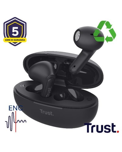 AURICOLARI BLUETOOTH EARPHONES CON RIDUZIONE DEL RUMORE ENC - PLASTICA RICICLATA 85% - TRUST YAVI NERO