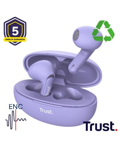 AURICOLARI BLUETOOTH EARPHONES CON RIDUZIONE DEL RUMORE ENC - PLASTICA RICICLATA 35% - TRUST YAVI VIOLA