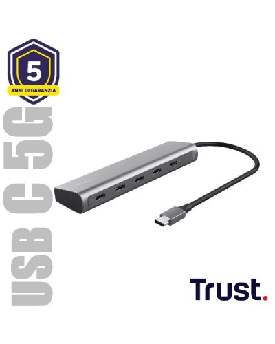 HUB USB C CON  5 PORTE USB-C CON PORTA PASS THROUGH ALIMENTAZIONE - TRUST HALYX - ALLUMINIO