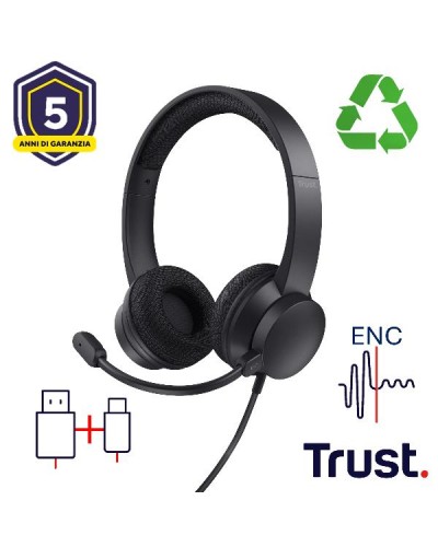 CUFFIE ON-EAR CABLATE 1,8M USB CON MICROFONO FLIP TO MUTE E RIDUZIONE RUMORE ENC - 65% PLASTICA RICICLATA - TRUST B2B HS-260 US