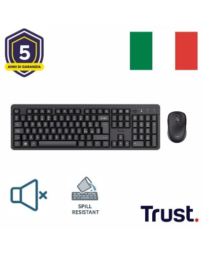 KIT DESK SET TASTIERA E MOUSE WIRELESS SILENZIOSI RESISTENTE AGLI SVERSAMENTI - LAYOUT ITALIANO - TRUST ODI II NERO