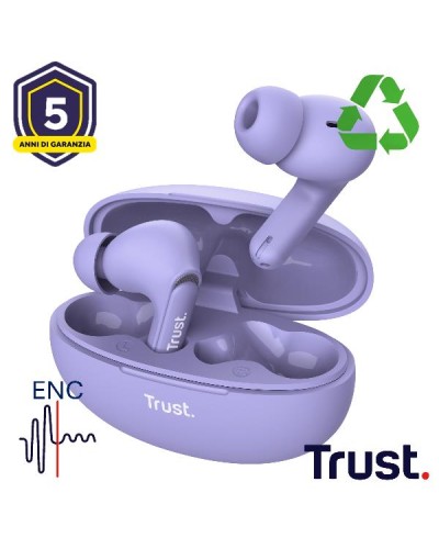 AURICOLARI BLUETOOTH EARBUDS CON RIDUZIONE DEL RUMORE ENC - PLASTICA RICICLATA 35% - TRUST YAVI VIOLA