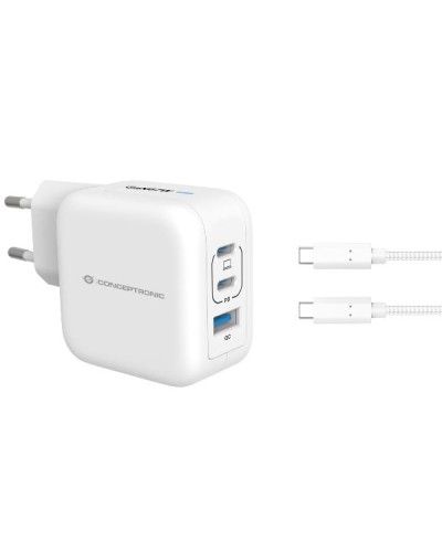 CARICATORE PD USB GaN 3-PORTE da 67 W con cavo di ricarica USB-C, (2x USB-C, 1x USB-A, QC 3.0, PPS) - BIANCO
