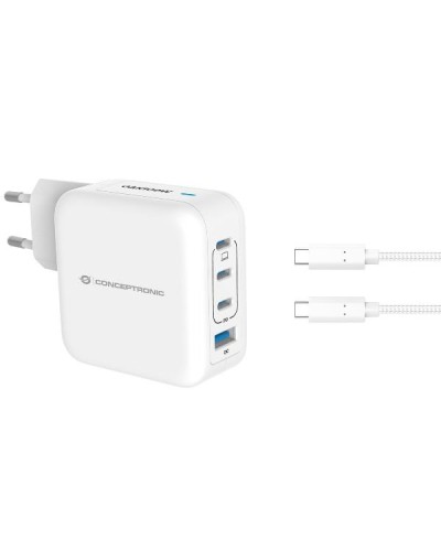 CARICATORE PD USB 4-PORTE 100W GaN con cavo di ricarica USB-C, (3x USB-C, 1x USB-A, QC 3.0, PPS) - BIANCO