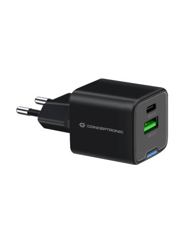 CARICATORE PD USB 2-PORTE 20W GaN (1x USB-C, 1x USB-A, QC 3.0, PPS) - NERO