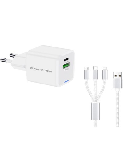 CARICATORE PD USB GaN 2-PORTE da 33W con cavo di ricarica 3 in 1, (1x USB-C, 1x USB-A, QC 3.0, PPS) - BIANCO