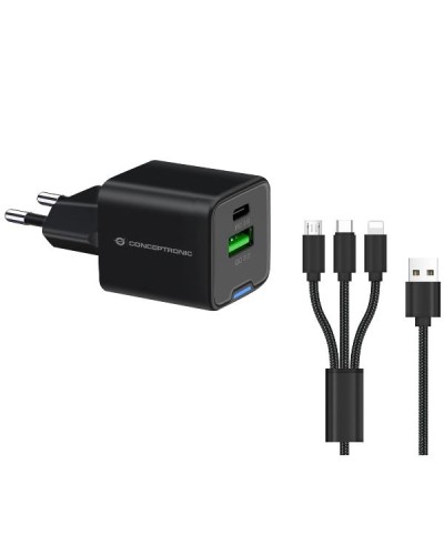 CARICATORE PD USB GaN 2-PORTE da 33W con cavo di ricarica 3 in 1, (1x USB-C, 1x USB-A, QC 3.0, PPS) - NERO
