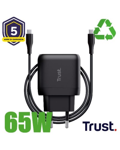 ALIMENTATORE/CARICABATTERIA 65W USB-C - CAVO RICARICA INCLUSO - PLASTICA RICICLATA 75% - TRUST MAXO - NERO
