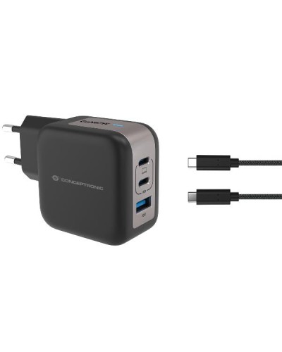 CARICATORE PD USB GaN 3-PORTE da 67 W con cavo di ricarica USB-C, (2x USB-C, 1x USB-A, QC 3.0, PPS) - NERO