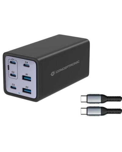 CARICATORE PD USB GaN 6-PORTE da 200 W con cavo di ricarica USB-C, (4x USB-C, 2x USB-A, QC 3.0, PD 3.1, PPS)