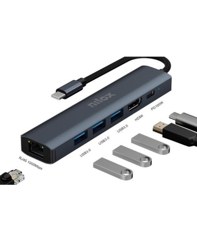 NILOX TECH - Docking station con porta USb-C, 6in1, 3 porte USB 3.2, RJ45, HDMI 4K, potenza massima 100 Watt
