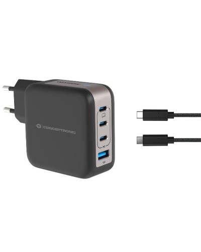 CARICATORE PD USB 4-PORTE 100W GaN con cavo di ricarica USB-C, (3x USB-C, 1x USB-A, QC 3.0, PPS) - NERO