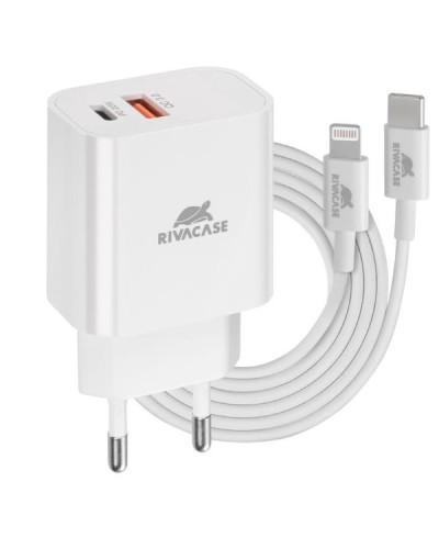 Wall charger white PD 20W + QC3.0, USB-A + USB-C, with USB-C/Lightning cable