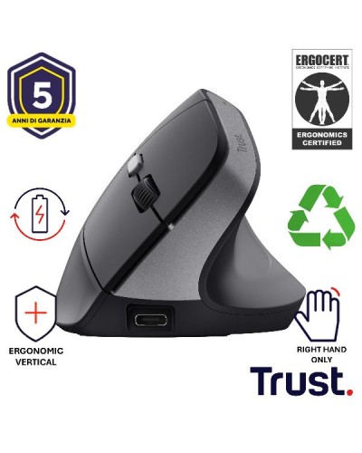 MOUSE ERGONOMICO (CERTIFICATO ERGOCERT) VERTICALE WIRELESS RICARICABILE - 2400DPI - PLASTICA RICICLATA 70% - TRUST BAYO II NERO