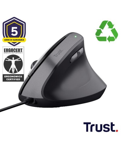 MOUSE ERGONOMICO VERTICALE CABLATO CERTIFICATO ERGOCERT - PLASTICA RICICLATA 60% - TRUST BAYO II NERO
