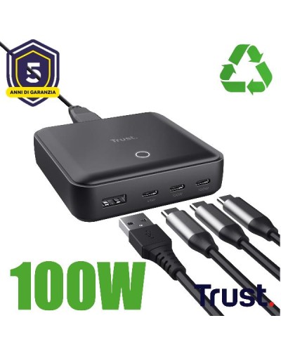 ALIMENTATORE/CARICABATTERIA DA TAVOLO CON 4 PORTE USB 100W (3 USB-C 1 USB-A) - TRUST MAXO - NERO