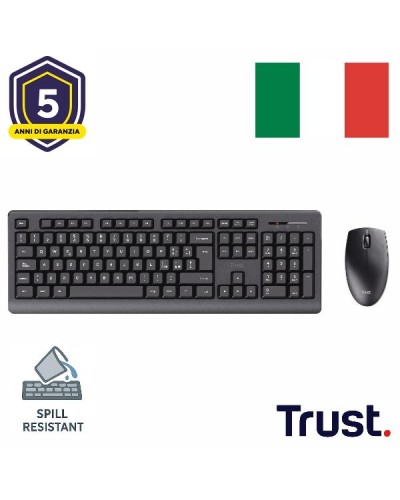 KIT DESK SET TASTIERA E MOUSE WIRELESS SILENZIOSI RESISTENTE AGLI SVERSAMENTI - LAYOUT ITALIANO - TRUST PRIMO NERO