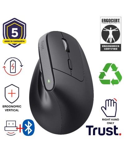 MOUSE ERGONOMICO (CERTIFICATO ERGOCERT) VERTICALE WIRELESS RICARICABILE - 2400DPI - MULTICONNECT 2x BT + 1 WL 2,4GHz - PLASTICA