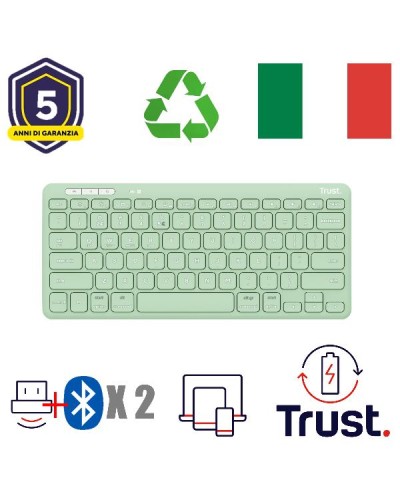 TASTIERA WIRELESS RICARICABILE MULTICONNECT 2 BT + 1 WL 2,4GHZ - PLASTICA RICICLATA 52% - LAYOUT ITALIANO - TRUST LYRA - VERDE
