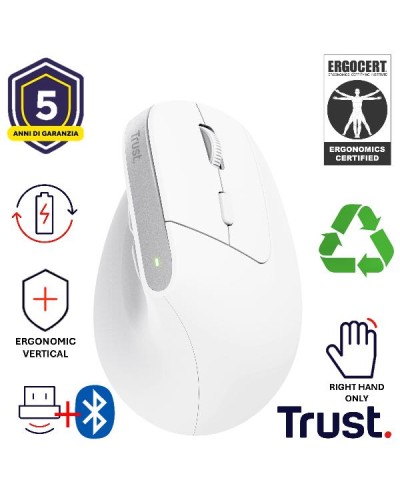 MOUSE ERGONOMICO (CERTIFICATO ERGOCERT) VERTICALE WIRELESS RICARICABILE - 2400DPI - MULTICONNECT 2x BT + 1 WL 2,4GHz - PLASTICA