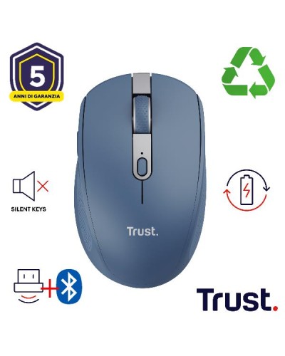 MOUSE WIRELESS RICARICABILE MULTICONNECT BT + WL 2,4GHZ SILENZIOSO - 3200DPI - PLASTICA RICICLATA 60% - TRUST OZAA COMPACT - BL