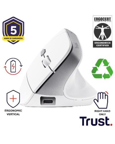MOUSE ERGONOMICO (CERTIFICATO ERGOCERT) VERTICALE WIRELESS RICARICABILE - 2400DPI - PLASTICA RICICLATA 70% - TRUST BAYO II BIAN
