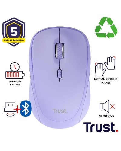 MOUSE WIRELESS  MULTICONNECT 2x BT + 1 WL 2,4GHz  SILENT - DURATA BATTERIA 12 MESI - 1600DPI - PLASTICA RICICLATA 75% -TRUST YV