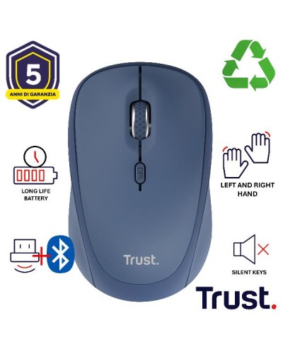 MOUSE WIRELESS  MULTICONNECT 2x BT + 1 WL 2,4GHz  SILENT - DURATA BATTERIA 12 MESI - 1600DPI - PLASTICA RICICLATA 75% -TRUST YV