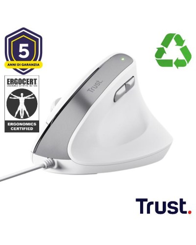 MOUSE ERGONOMICO VERTICALE CABLATO CERTIFICATO ERGOCERT - PLASTICA RICICLATA 50% - TRUST BAYO II BIANCO