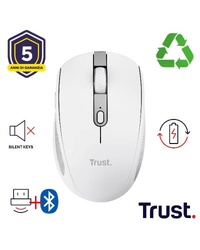MOUSE WIRELESS RICARICABILE MULTICONNECT BT + WL 2,4GHZ SILENZIOSO - 3200DPI - PLASTICA RICICLATA 60% - TRUST OZAA COMPACT - BI