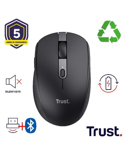 MOUSE WIRELESS RICARICABILE MULTICONNECT BT + WL 2,4GHZ SILENZIOSO - 3200DPI - PLASTICA RICICLATA 60% - TRUST OZAA COMPACT - NE