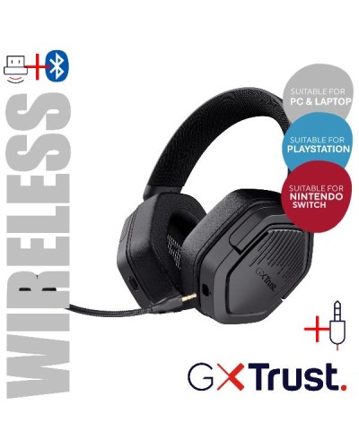 CUFFIA GAMING WIRELESS RICARICABILE CON DOPPIA CONNESSIONE BT + 2,4GHz OVER-EAR, DRIVER 50MM - TRUST GXT493 CARUS - NERO